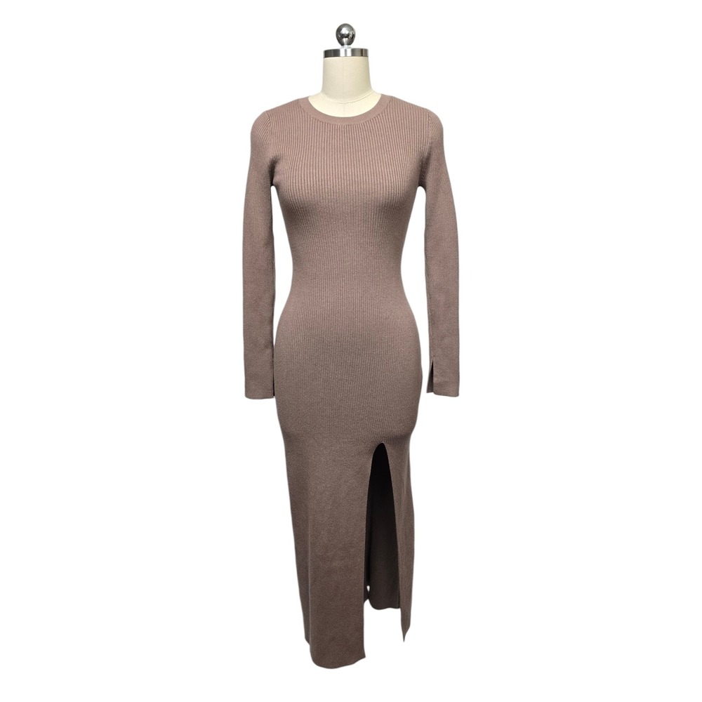 Abercrombie & Fitch Ribbed Knit Maxi Dress Side Slit Soft Taupe Tan Size Small - Picture 1 of 9